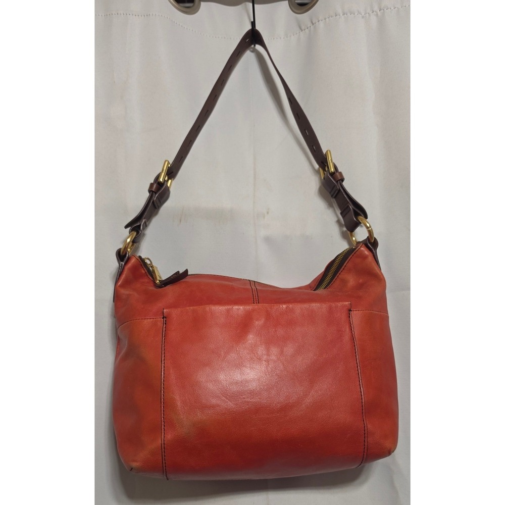 Hobo International Orange Red Leather Shoulder Bag Brass Hardware Floral Lining